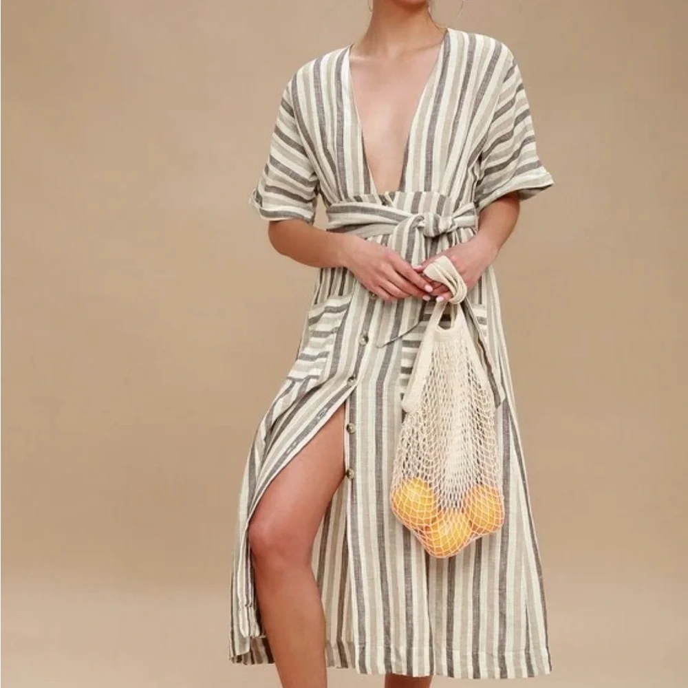 Free People Light Grey Striped Button-Front Midi Dress with Tie Waist – Size S‎